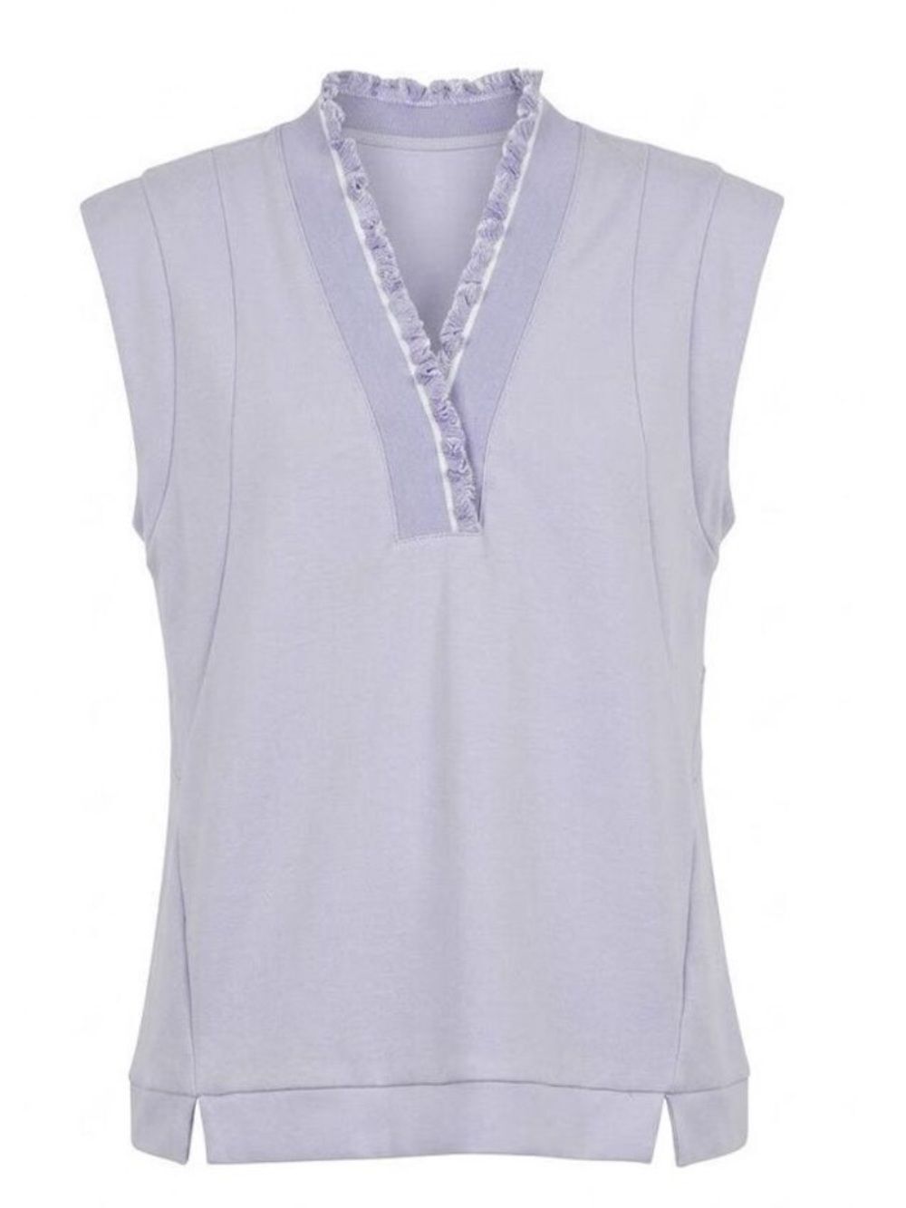 #210. Umgee Lavender French Terry Luxeknit Sleeveless Ruffled V-Neck Tank - Picture 1 of 4